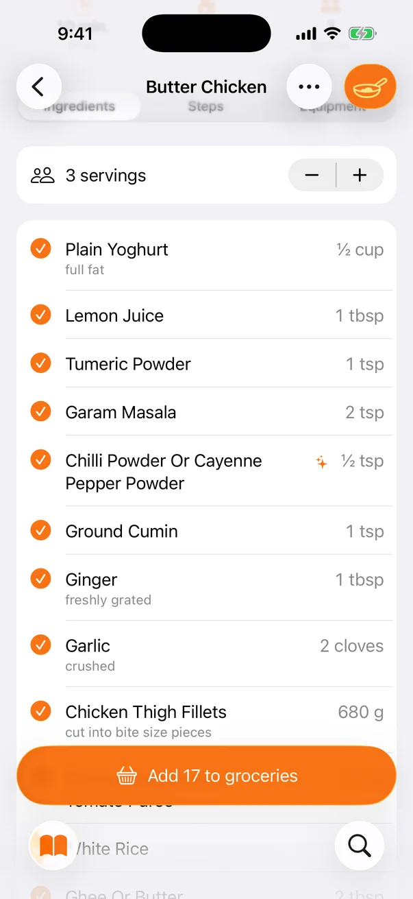 Butter chicken recipe in Cooked, showing ingredients for 3 servings